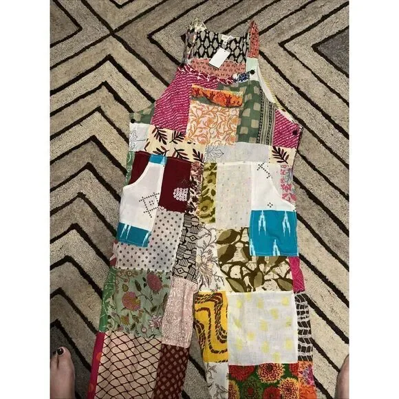 NWT Ashley Taylor Patchwork Overalls Jumpsuit Boho Hippie One Size 100% Cotton - Picture 3 of 7